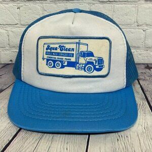 Vintage Hat Cap Snapback Blue White Aqua Clean Mobile Wash Trucker Mesh Patch